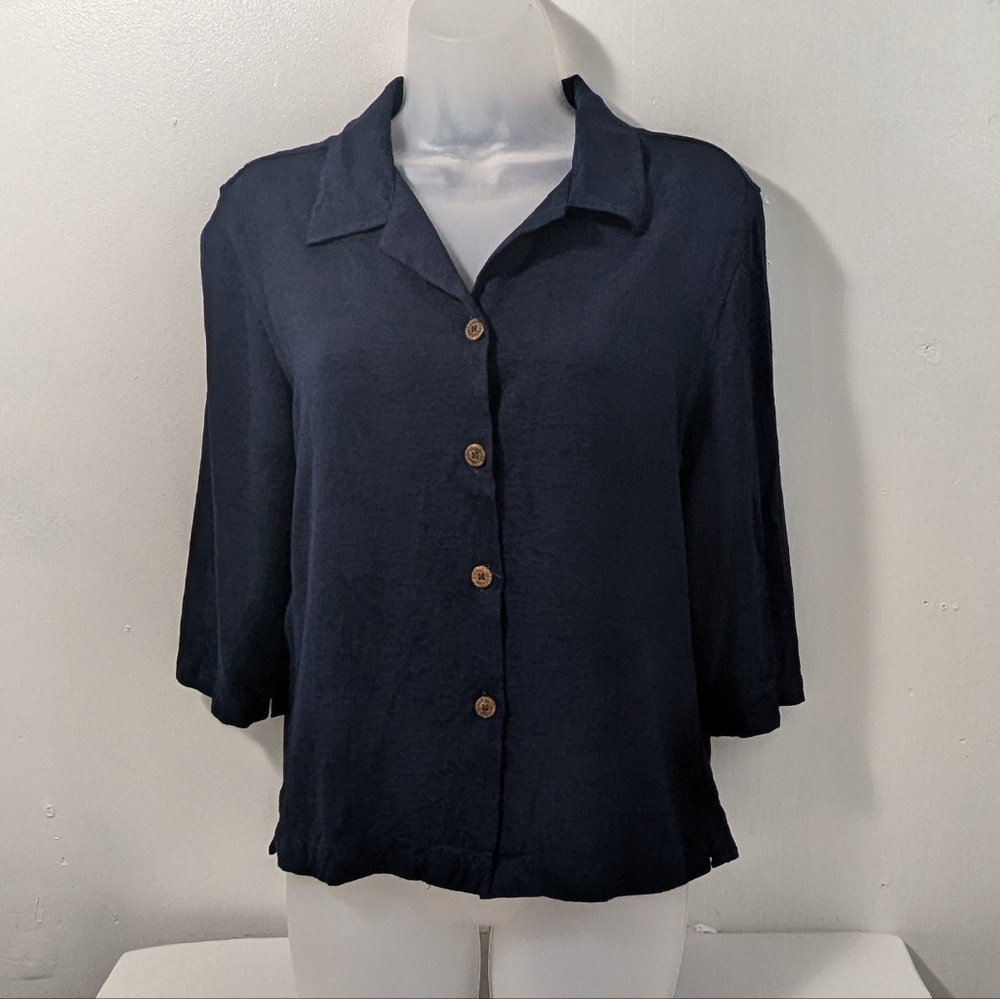 Caribbean Joe Women's Size PL Lightweight Jacquard Palm Trees Navy Blue Top